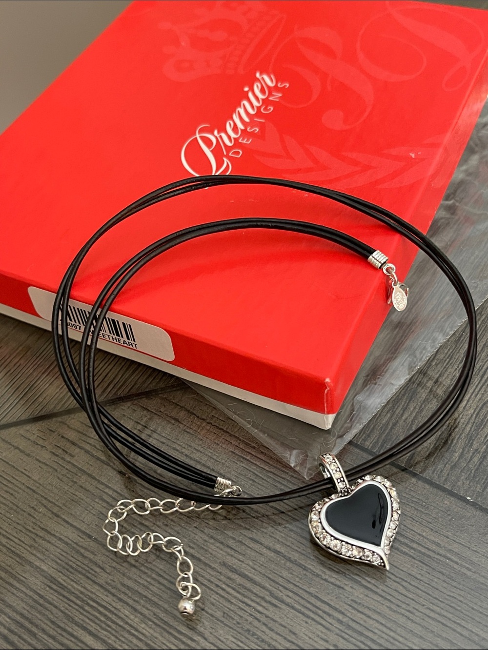 Premier Designs “Sweetheart” Double Black Corded Necklace w/ Rhinestones Heart